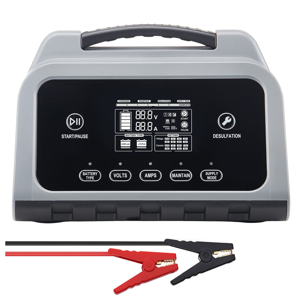 Smart Battery Charger, 20A, 6V 12V 24V Lithium LiFePO4 Lead-Acid (Gel/AGM) Car Battery Charger, with LCD Display, Trickle Charging Maintainer Desulfator, for Car, Boat, Motorcycle, Lawn Mowers