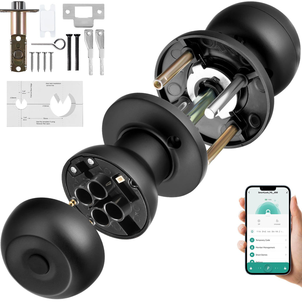 Smart Door Knob, Biometric Door Lock Bluetooth Smart Lock, Fingerprint Smart Lock with APP Control, Easy Installation Door Lock, for Home Bedrooms, Cloakroom, Hotels, Apartments Offices, Black