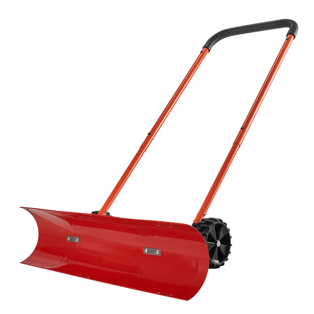 Snow Pusher Shovel with Wheels, 37.8 in Wheeled Snowplow Shovel with Bi-Directional Angled Blade & 90° Adjustable Handle, Durable Plastic Winter Shovels, Portable Snow Removal Tool for Driveway