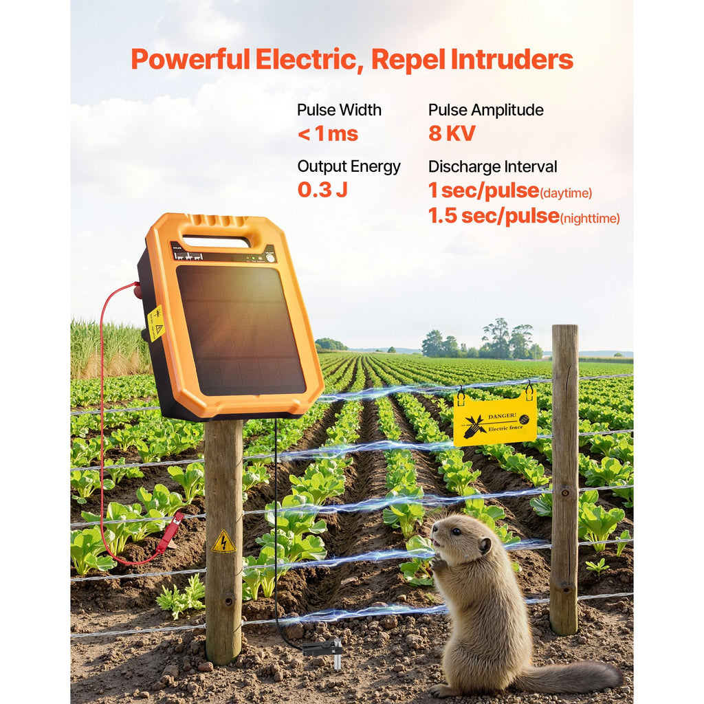 Solar Fence Charger, 0.3J 8 kV Solar Powered Fence Charger, 1.86 Miles Range, Weather-Resistant Electric Fence Energizer Kit, 7 Days Runtime, for Livestock, Poultry, Garden Protection