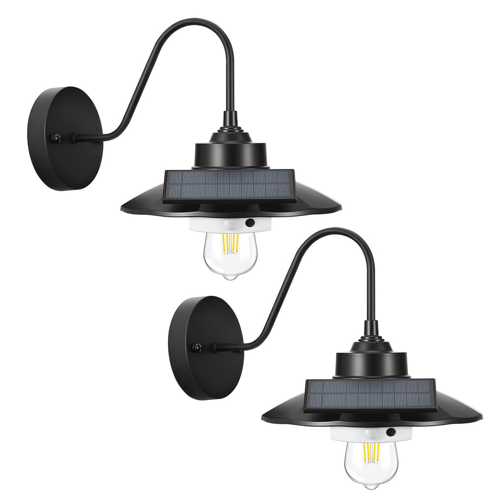 Solar Outdoor Barn Light, 3 Lighting Modes and Motion Sensor, 2-Pack Gooseneck Light Fixture, Farmhouse Wall Sconce, with E27 Bulb Compatible, Waterproof for Porch, House, Entryway, Black