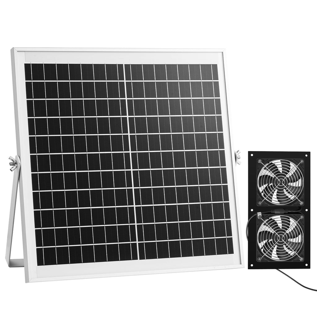 Solar Powered Fan, 15W Solar Panel with 2 Fans, Adjustable Solar Panel Angle, 2668 RPM High-Speed, Flexible Installation, Fast Air Exchange for Greenhouse, Grow Tents, Chicken Coops, Shelters