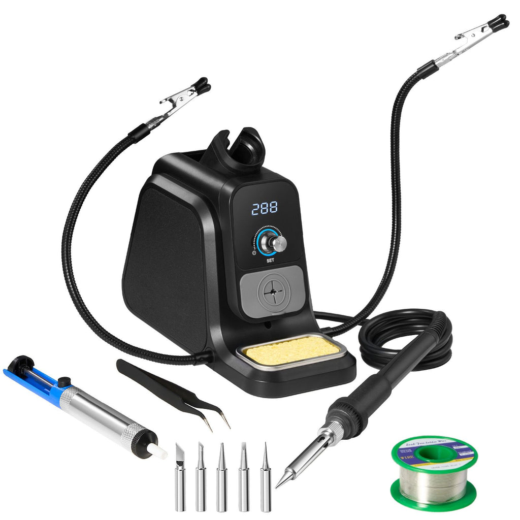 Soldering Iron Station, 80W Digital Display Soldering Station Kit with 2 Helping Hands, 5 Soldering Tips, 30g Solder Wire, Solder Sucker, Tweezer, Auto Standby & Sleep Mode, C/F Conversion
