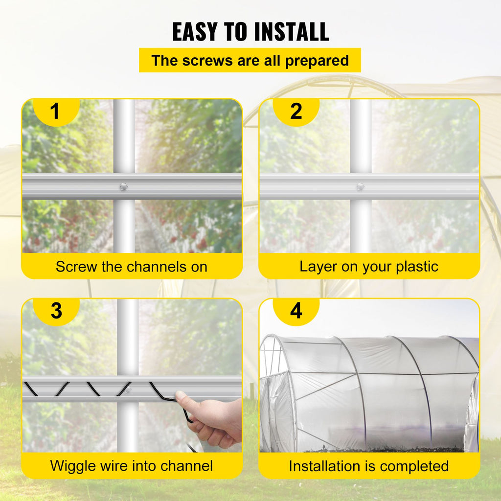 Spring Wire and Lock Channel, 6.56ft Spring Lock & U-Channel Bundle for Greenhouse, 50 Packs PE Coated Spring Wire & Aluminum Alloy Channel, Plastic Poly Film or Shade Cloth Attachment with Scre