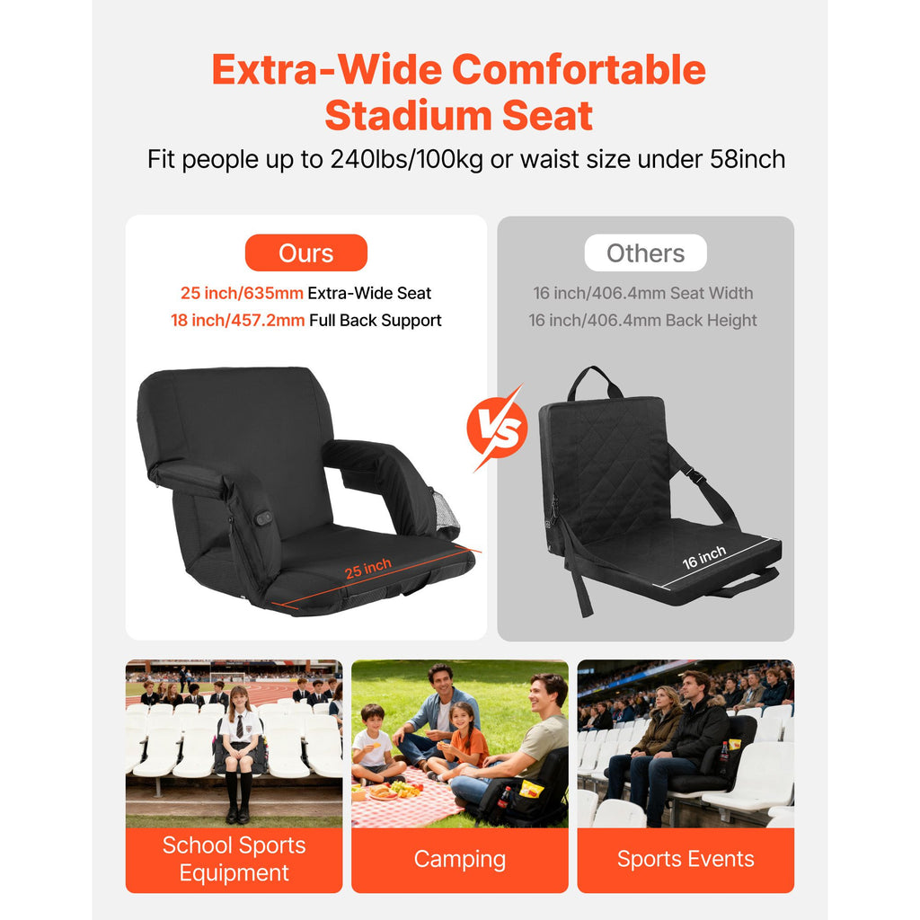 Stadium Seat, 25 inch Heated Stadium Chair, Bleacher Seat Heated with 4 Pockets for Bleachers, 3 Level Heating & 6 Modes Vibration Portable Heating Stadiums Chair for Camping, Sports Events