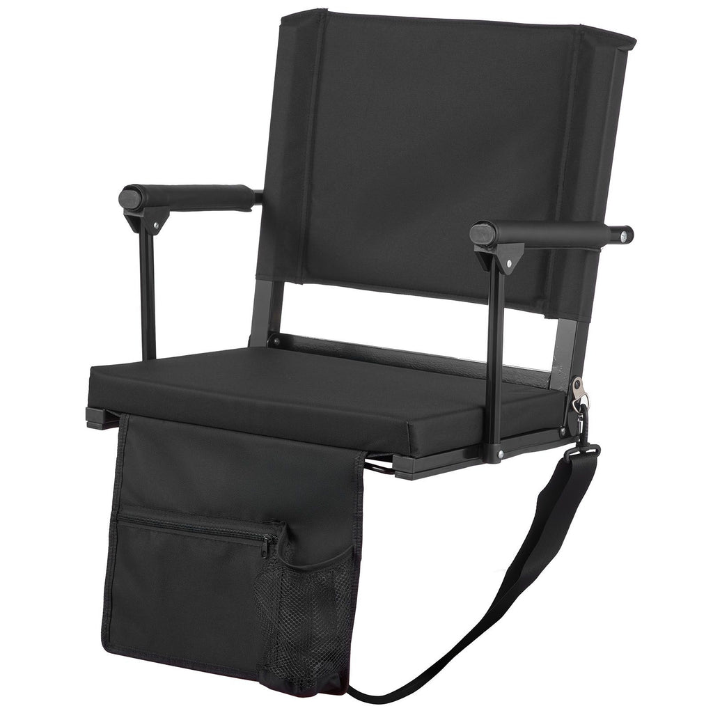 Stadium Seat, Portable Bleacher Seat with Armrest, Back Support and Thick Cushion, Bench Chair for Bleacher Includes Shoulder Strap, Hooks, Cup Holder, Black Football Bleachers Seats, 1PCS
