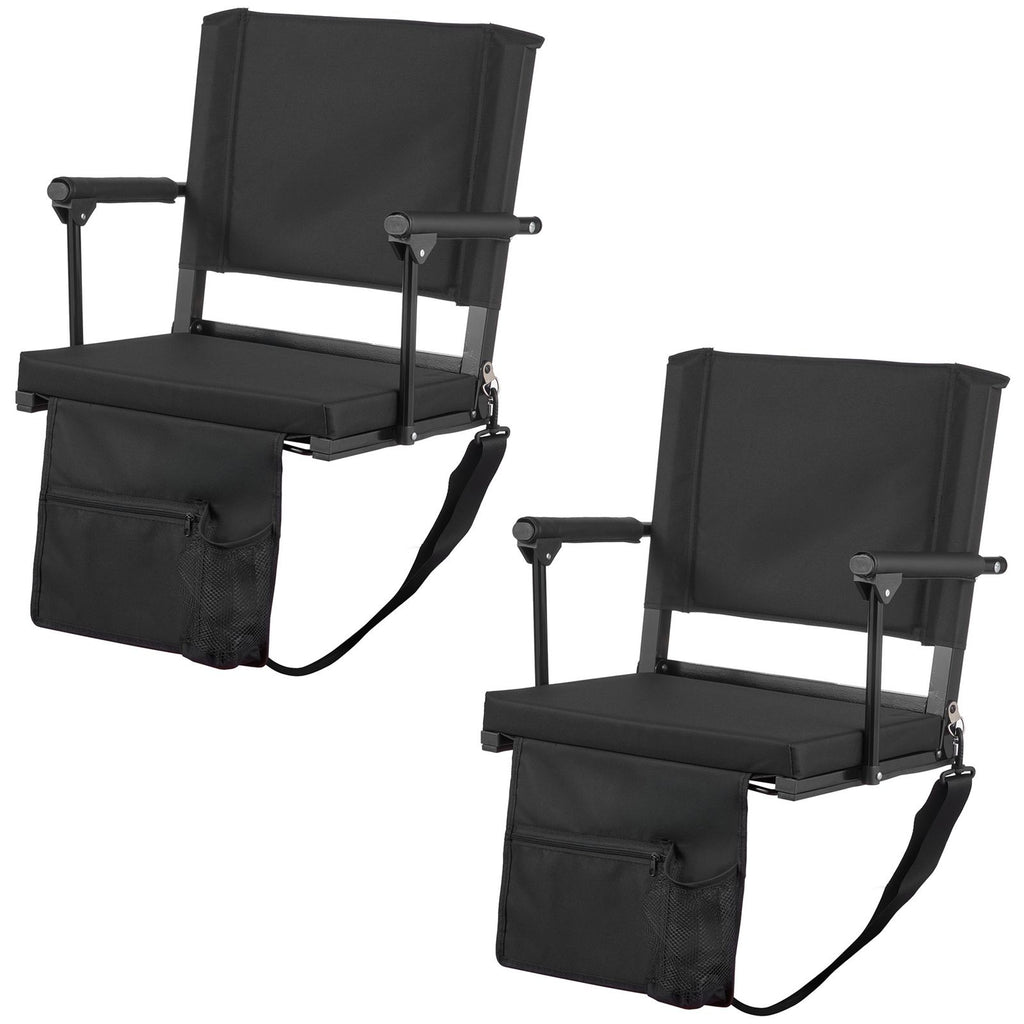 Stadium Seat, Portable Bleacher Seat with Armrest, Back Support and Thick Cushion, Bench Chair for Bleacher Includes Shoulder Strap, Hooks, Cup Holder, Black Football Bleachers Seats, 2PCS