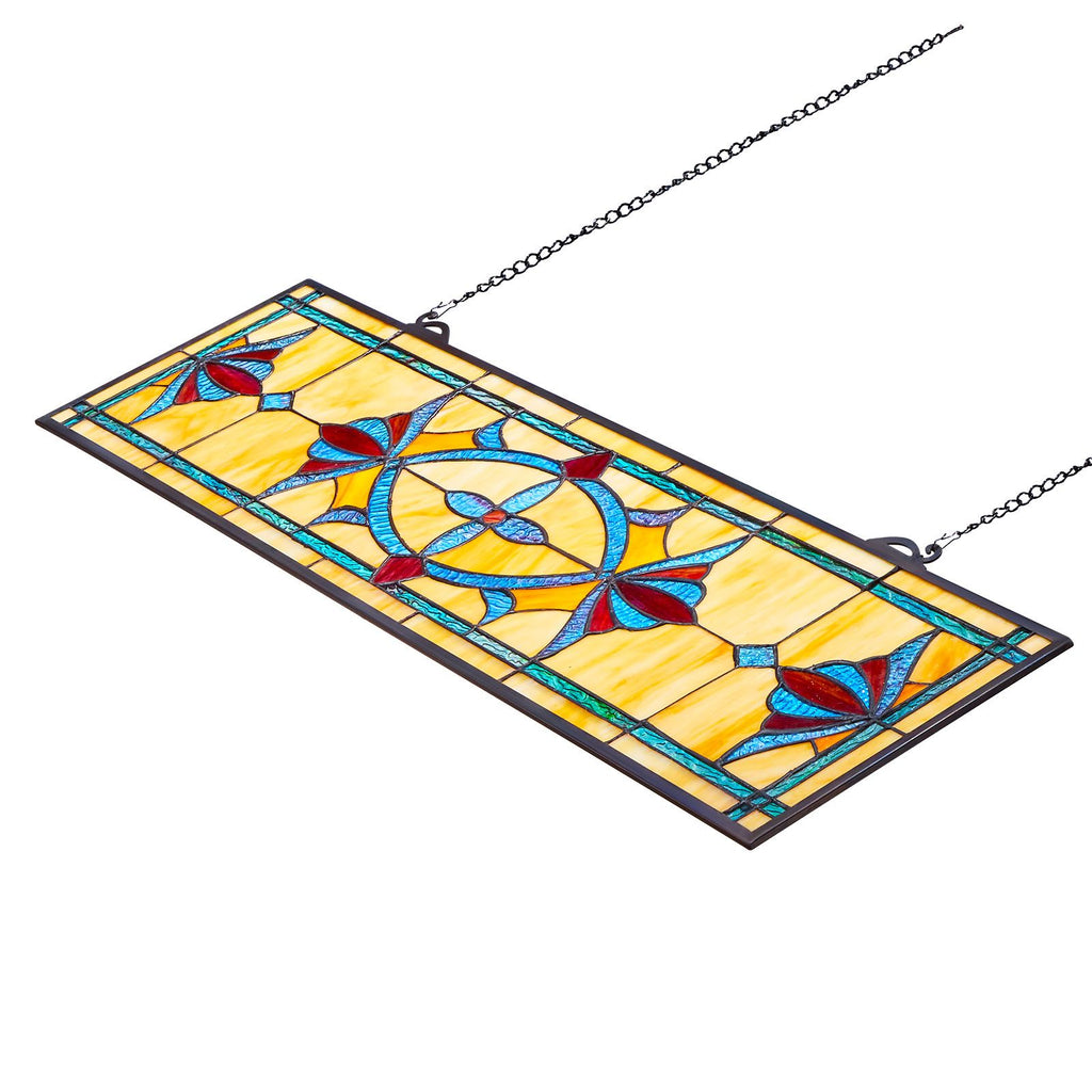 Stained Glass Window Panel, 32 x 10 in, Tiffany Style Hanging Transom Window Panel with Chain, Large Horizontal Rectangle Stain Glass, Vintage Traditional Art Handcrafts for Kitchen Home Decor
