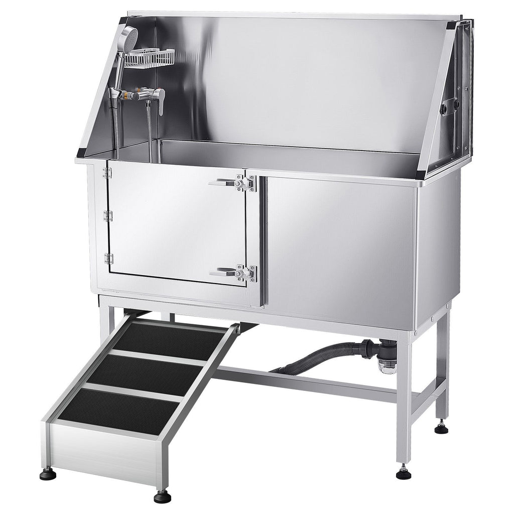 Stainless Steel Dog Washing Station, 50 inch Pet Grooming Tub w/ Ramp, PE Water Filter Board, Faucet & Showerhead & Soap Holder Dog Bathtub for Large & Medium & Small Pets (Left Door)