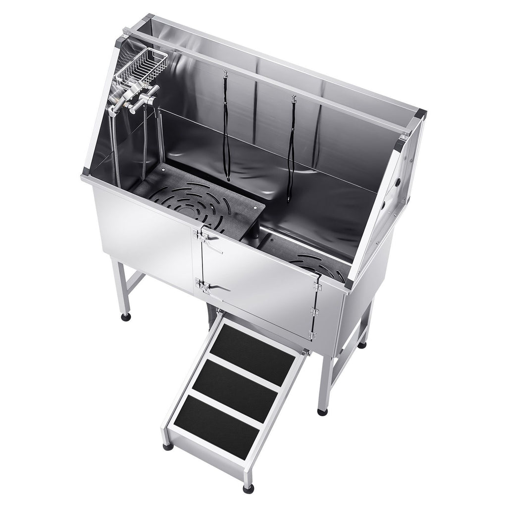 Stainless Steel Dog Washing Station, 50 inch Pet Grooming Tub w/ Ramp, PE Water Filter Board, Faucet & Showerhead & Soap Holder Dog Bathtub for Large & Medium & Small Pets (Right Door)