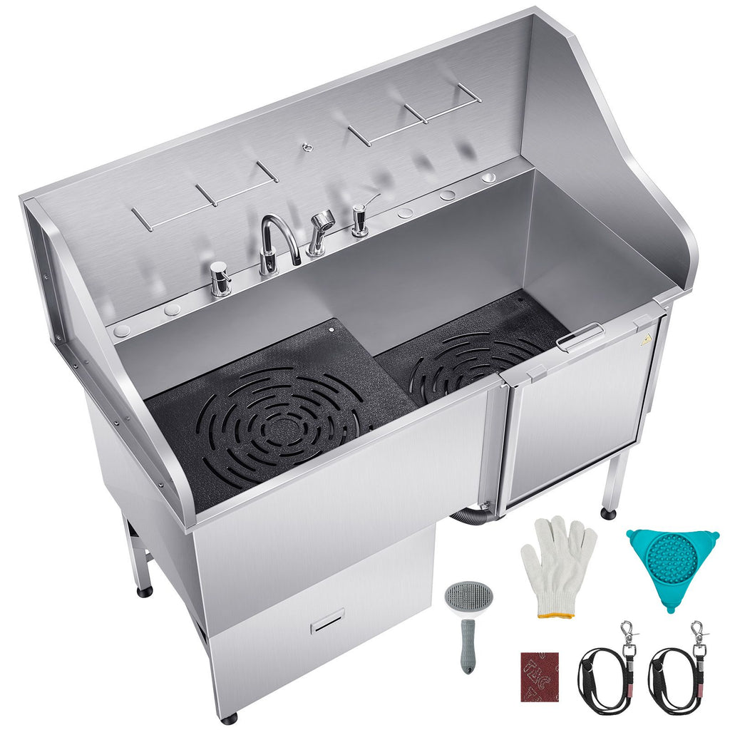 Stainless Steel Dog Washing Station, 61 inch Pet Grooming Tub w/ Ramp, Water Filter Board, Faucet & Showerhead & Leash Dog Bathtub for Large & Medium & Small Pets (Right Door)