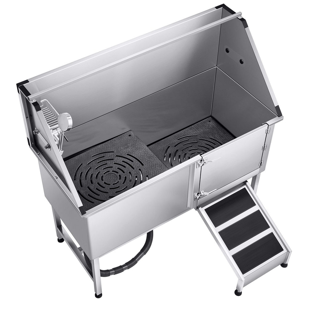 Stainless Steel Dog Washing Station, 62 inch Pet Grooming Tub w/ Ramp, PE Water Filter Board, Faucet & Showerhead & Soap Holder Dog Bathtub for Large & Medium & Small Pets (Right Door)