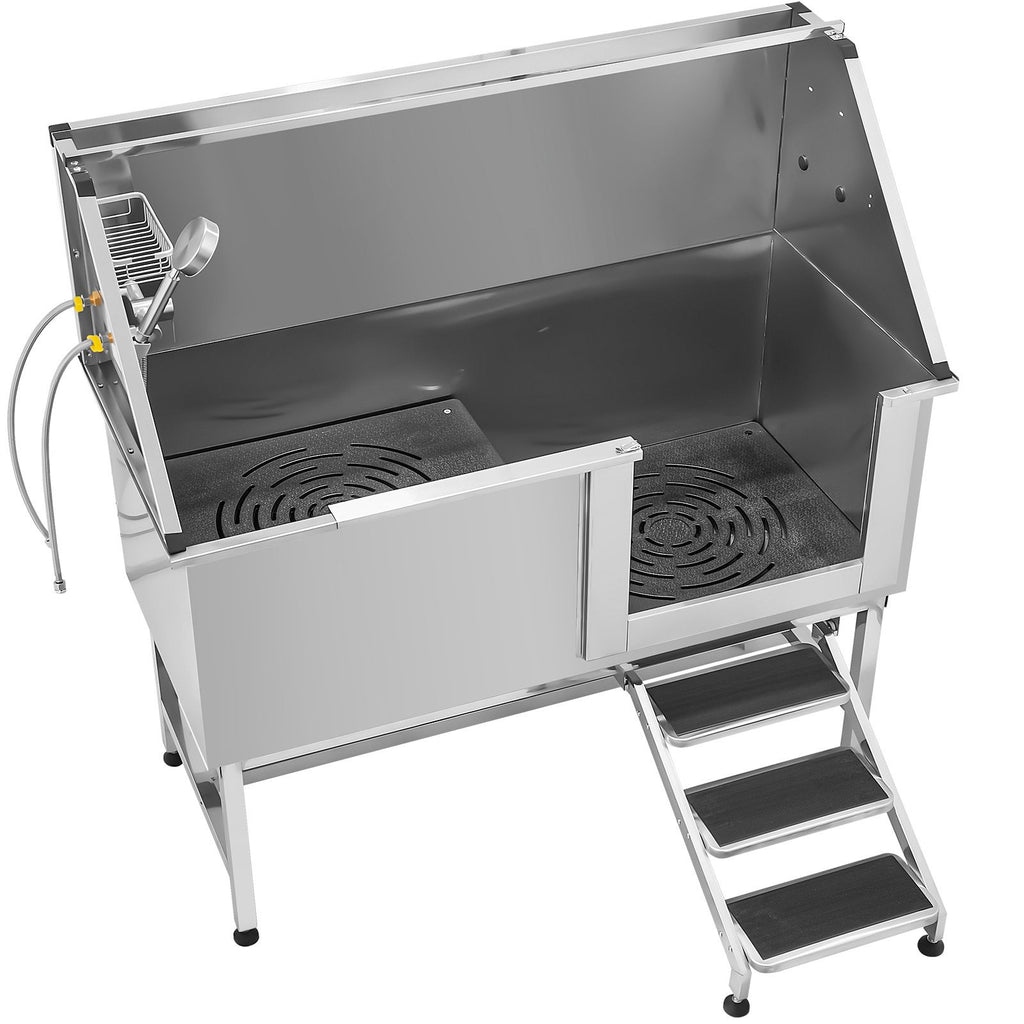 Stainless Steel Dog Washing Station, 62 inch Pet Grooming Tub w/ Stairs, PE Water Filter Board, Faucet & Showerhead & Soap Holder Dog Bathtub for Large & Medium & Small Pets (Right Door)