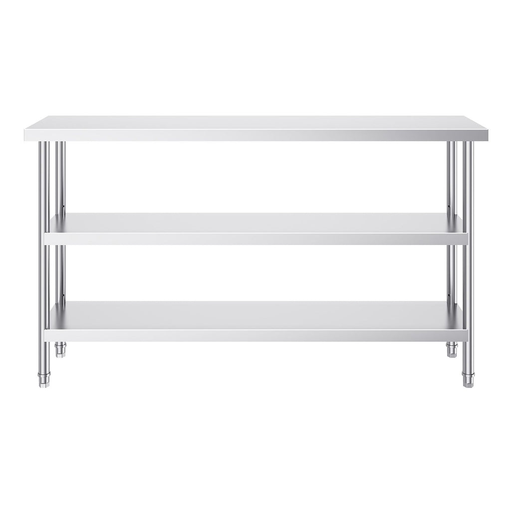 Stainless Steel Food Prep Table, 14 x 60 x 34 Inch Commercial Kitchen Worktable, with 2 Adjustable Undershelf, Heavy Duty Prep Table Metal Work Table for BBQ, Kitchen, Home, and Garage