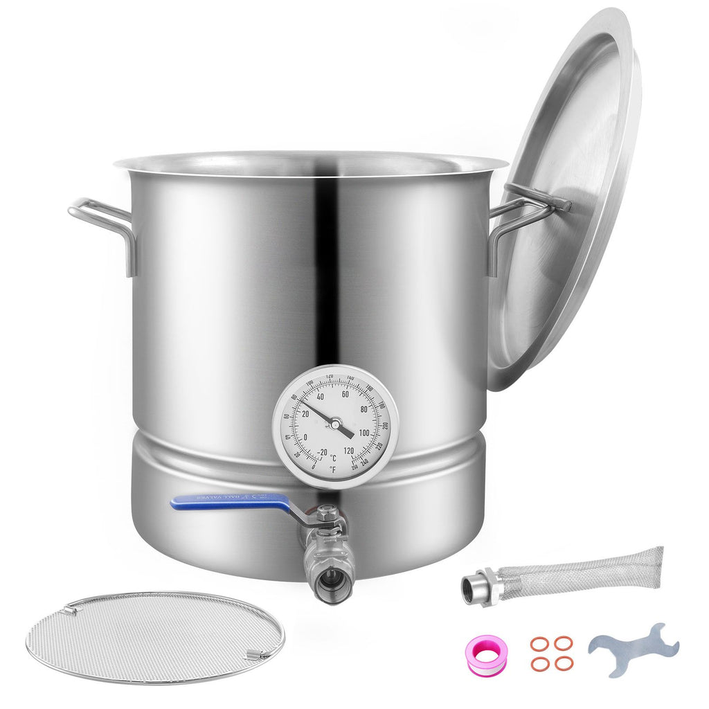 Stainless Steel Kettle, 5 GALLON Brewing Pot, Tri Ply Bottom for Beer, Brew Kettle Pot, Home Brewing Supplies Includes Lid, Handle, Thermometer, Ball Valve Spigot, Filter, Filter Tray