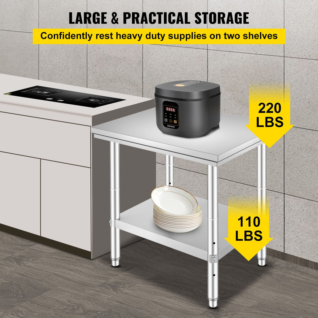 Stainless Steel Prep Table, 24 x 30 x 31 Inch, 700 lbs Load Capacity, Heavy Duty Metal Worktable with 3 Adjustable Height Levels, Commercial Workstation for Kitchen Garage Restaurant Backyard