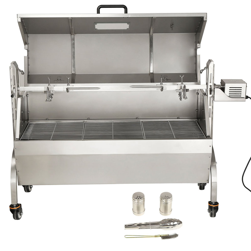 Stainless Steel Rotisserie Grill with Hooded Cover, BBQ Whole Pig Lamb Goat Charcoal Spit Grill, Electric 50W Motor BBQ Hog Rotisserie Roaster, 46 Inch 132Lbs Capacity Lamb Rotisserie System