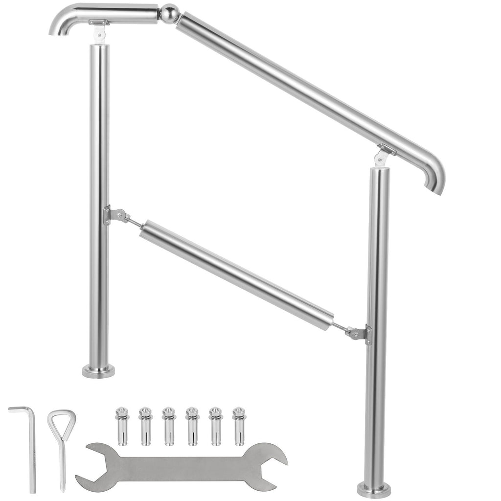 Stainless Steel Transitional Handrail fit for Level Surface and 2 to 3 Adjustable Stair Indoor Outdoor Step Railings 441lb Capacity with Installation Kit Porch DIY, Silver