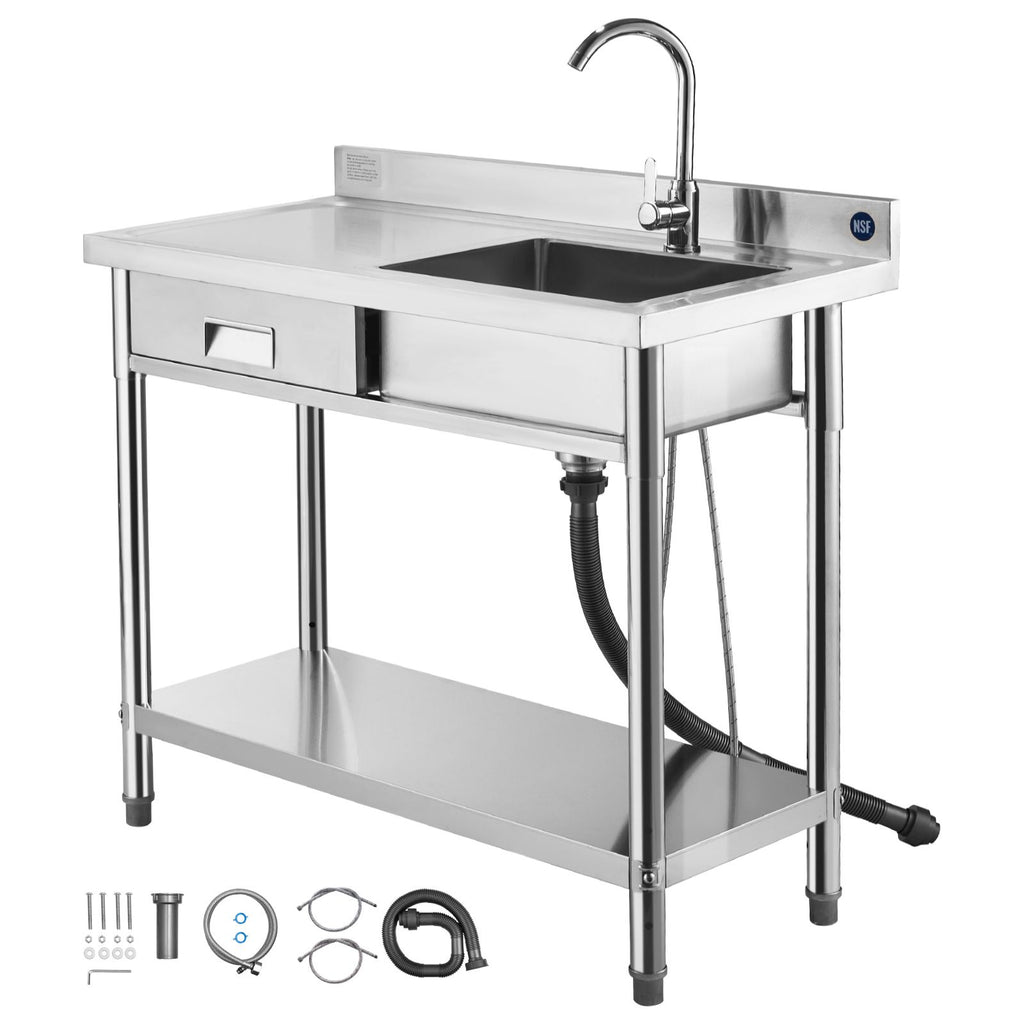 Stainless Steel Utility Sink, Free Standing Single Bowl Commercial Kitchen Sink with Drawer, Faucet and Hot & Cold Water Pipe, Utility Basin for Garage Restaurant Laundry, 39.4 x 19.7 x 37 in