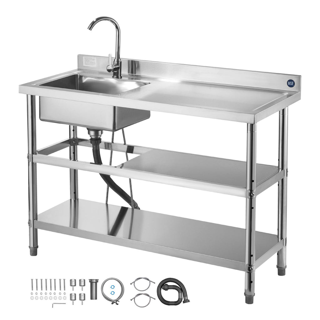 Stainless Steel Utility Sink, Free Standing Single Bowl Commercial Kitchen Sink with Faucet and Hot & Cold Water Pipe, Dual Storage Shelves for Garage, Restaurant, Laundry, 47.2 x 19.7 x 37 in