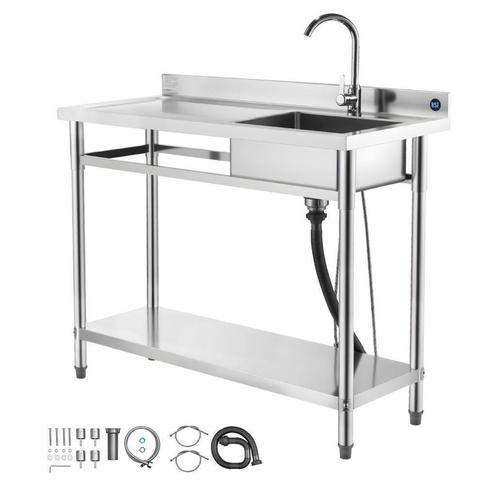 Stainless Steel Utility Sink, Free Standing Single Bowl Commercial Kitchen Sink with Faucet, Utility Left Basin Workbench with Hot & Cold Water Pipe for Garage Restaurant Laundry, 47x19.7x37 in