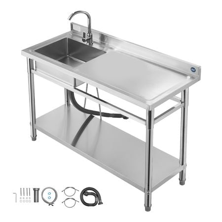 Stainless Steel Utility Sink, Free Standing Single Bowl Commercial Kitchen Sink with Faucet, Utility Right Basin Workbench with Hot & Cold Water Pipe for Garage Restaurant Laundry, 47x19.7x37 in