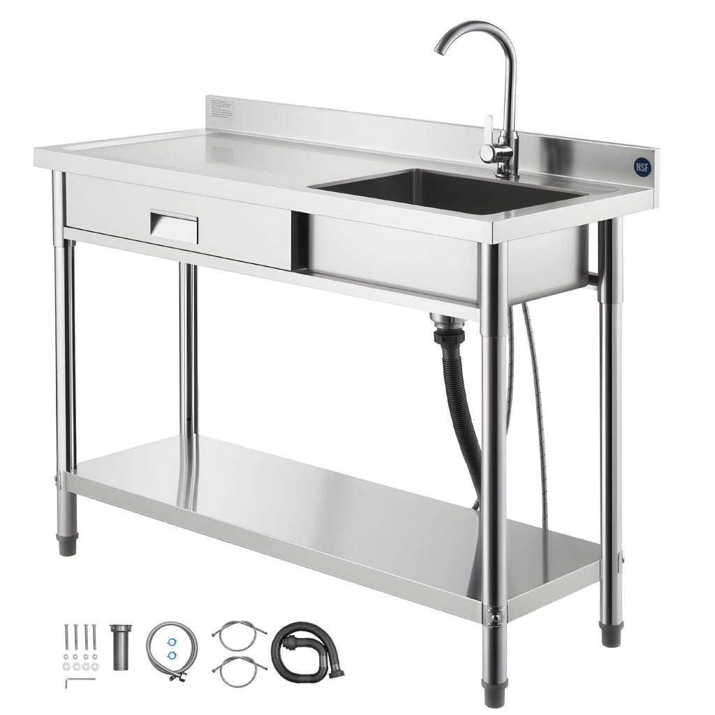 Stainless Steel Utility Sink, Rolling Single Bowl Commercial Kitchen Sink with Drawer, Faucet and Hot & Cold Water Pipe, Utility Basin for Garage, Restaurant, Laundry, 47.2 x 19.7 x 37 in