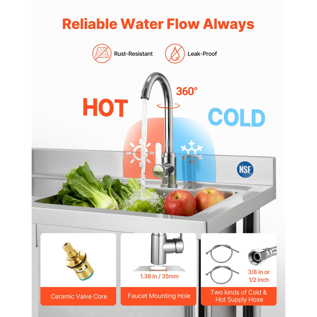 Stainless Steel Utility Sink, Rolling Single Bowl Commercial Kitchen Sink with Wheels, Faucet and Hot & Cold Water Pipe, Utility Basin Workbench for Garage Restaurant Laundry 39.4x19.7x41.5in