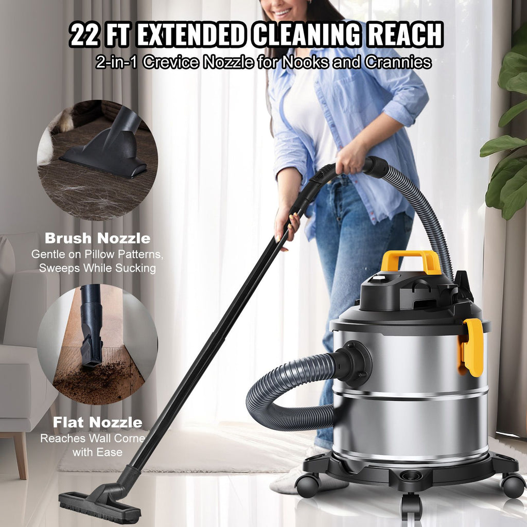 Stainless Steel Wet Dry Shop Vacuum, 5.5 Gallon 6 Peak HP Wet/Dry Vac, Powerful Suction with Blower Function w/ Attachment 2-in-1 Crevice Nozzle, Small Vac Perfect for Carpet Debris, Pet Hair