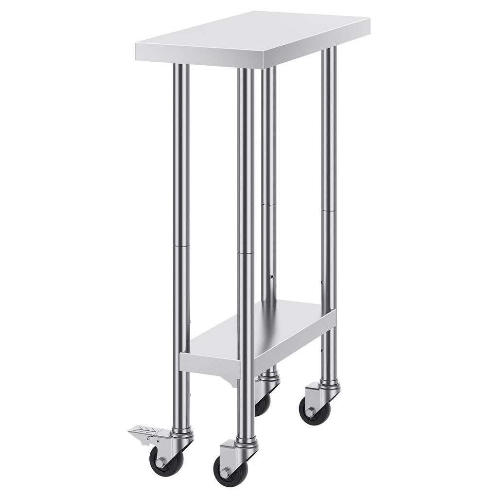 Stainless Steel Work Table 24 x 12 x 38 Inch, 500 LBS Load Capacity with 4 Wheels, 3 Adjustable Height Levels, Heavy Duty Food Prep Worktable for Commercial Kitchen Restaurant, Silver