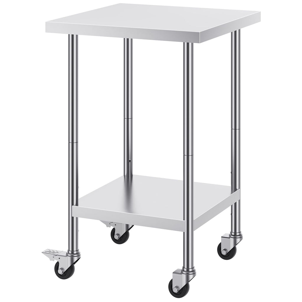 Stainless Steel Work Table 24 x 24 x 38 Inch, 700 LBS Load Capacity with 4 Wheels, 3 Adjustable Height Levels, Heavy Duty Food Prep Worktable for Commercial Kitchen Restaurant, Silver