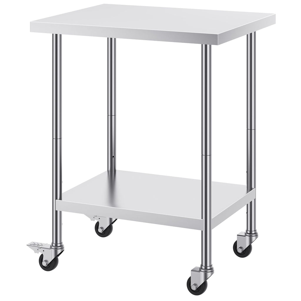 Stainless Steel Work Table 24 x 30 x 38 Inch, with 4 Wheels, 3 Adjustable Height Levels, Heavy Duty Food Prep Worktable for Commercial Kitchen Restaurant, Silver