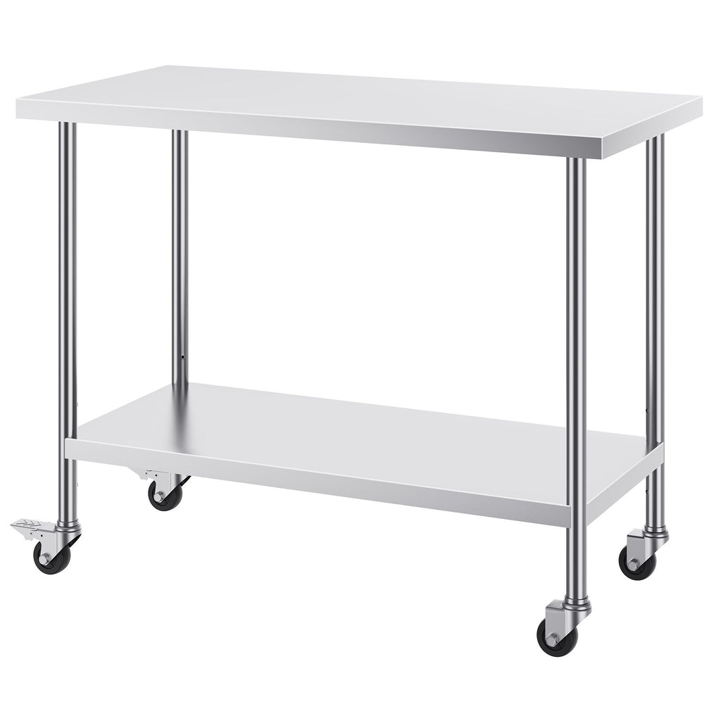 Stainless Steel Work Table 24 x 48 x 38 Inch, with 4 Wheels, 3 Adjustable Height Levels, Heavy Duty Food Prep Worktable for Commercial Kitchen Restaurant, Silver
