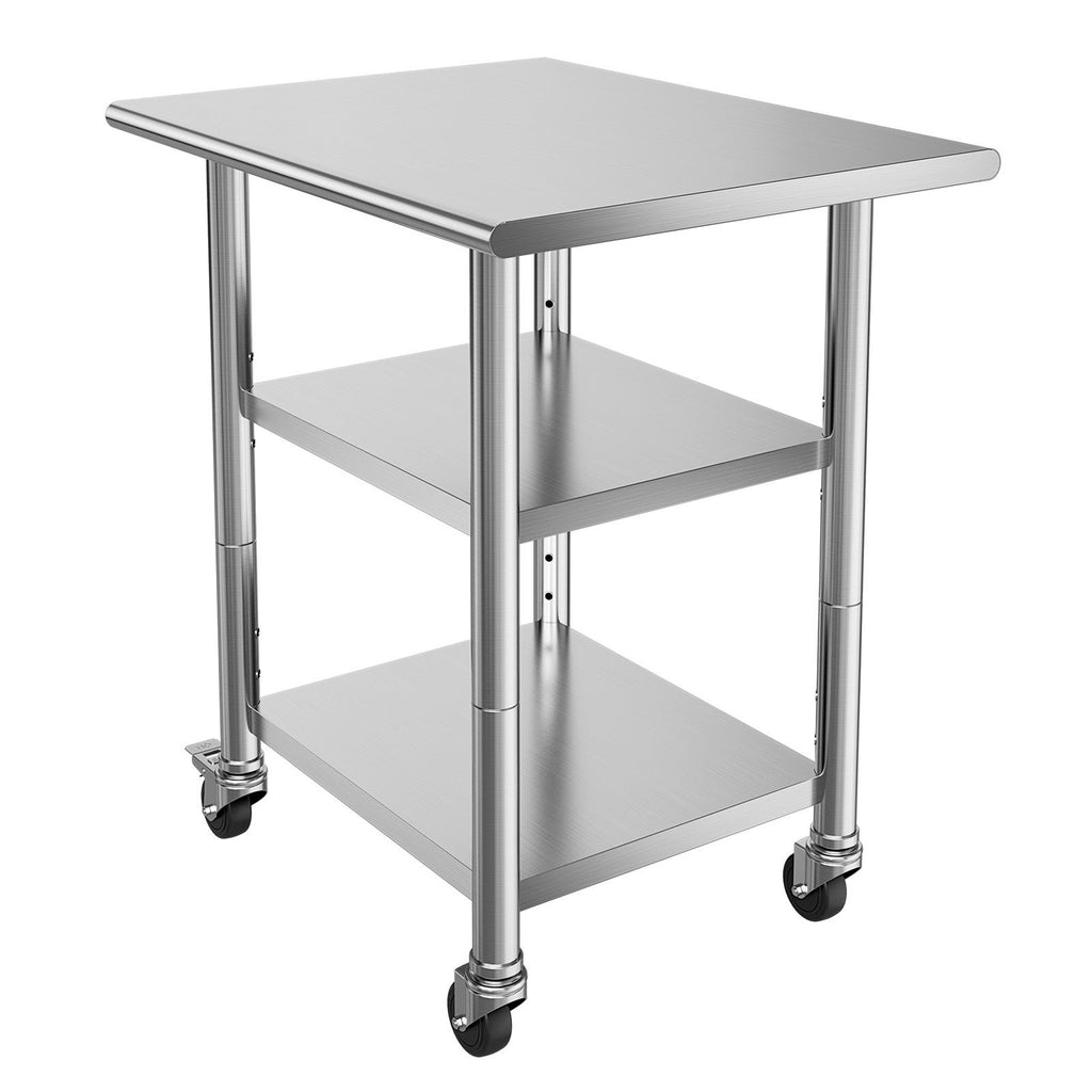 Stainless Steel Work Table, 24x30 Inch Food Prep Table with 2 Shelves and Wheels, Commercial Kitchen Workstation, Metal Heavy Duty Utility Worktable, for Restaurant Home Hotel Garage Outdoor