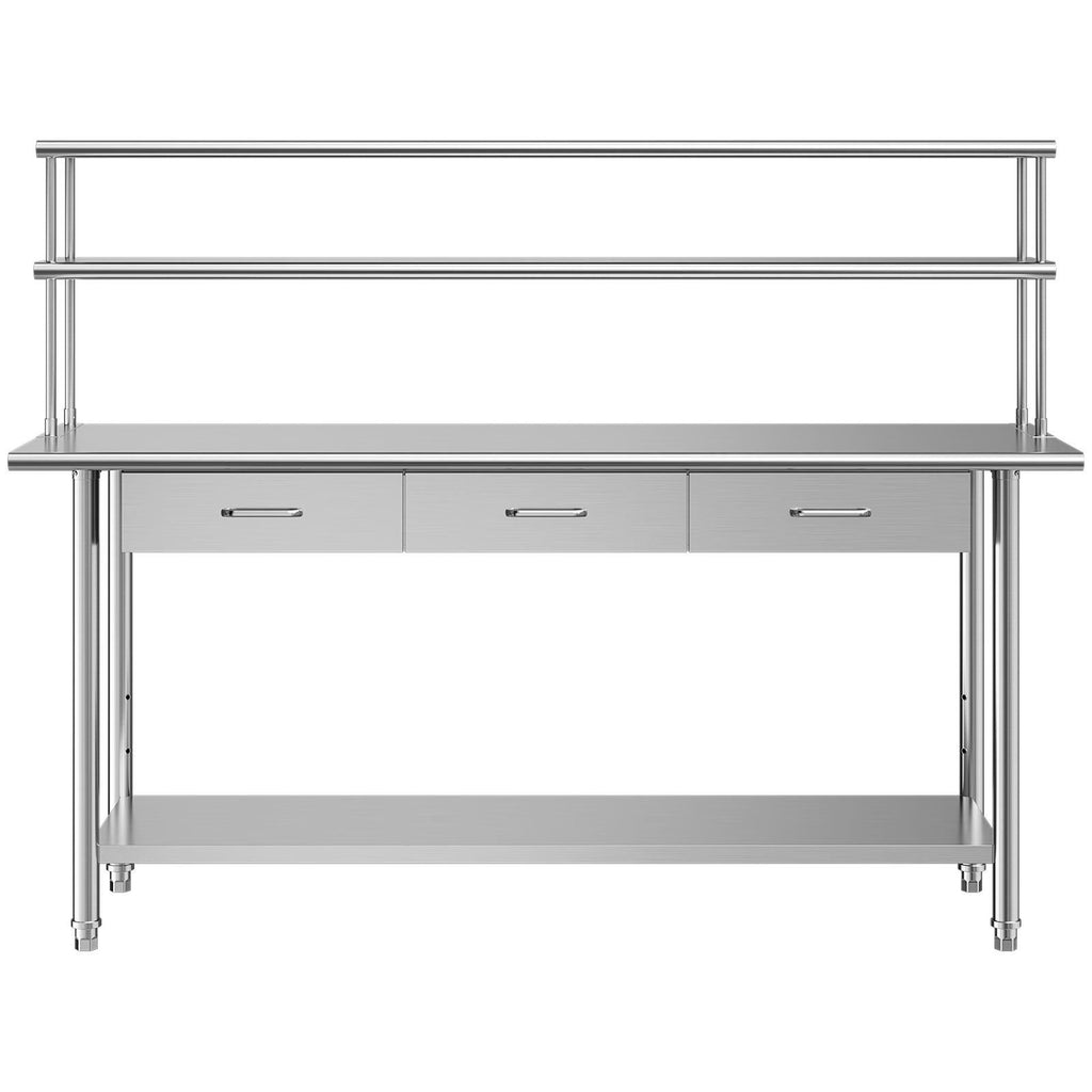 Stainless Steel Work Table, 24x72 Inch Food Prep Table with Overshelves and 3 Drawers, Commercial Kitchen Workstation with Adjustable Undershelf, Metal Utility Worktable, for Restaurant Garage
