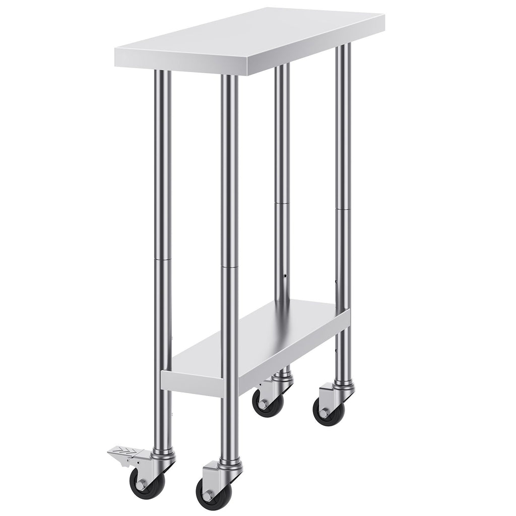 Stainless Steel Work Table 30 x 12 x 38 Inch, with 4 Wheels, 3 Adjustable Height Levels, Heavy Duty Food Prep Worktable for Commercial Kitchen Restaurant, Silver