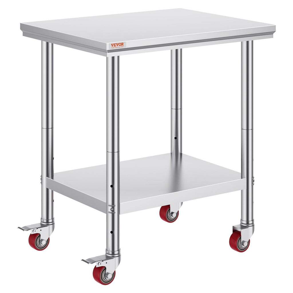 Stainless Steel Work Table 30 x 24 x 33 Inch, 700 LBS Load Capacity with 4 Wheels, 3 Adjustable Height Levels, Heavy Duty Food Prep Worktable for Commercial Kitchen Restaurant, Silver