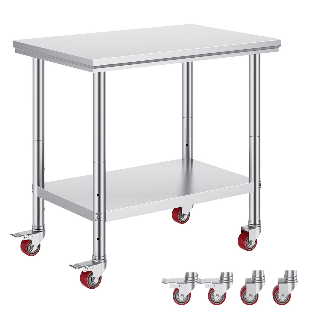 Stainless Steel Work Table 35 x 24 x 33 Inch, 700 LBS Load Capacity with 4 Wheels, 3 Adjustable Height Levels, Heavy Duty Food Prep Worktable for Commercial Kitchen Restaurant, Silver