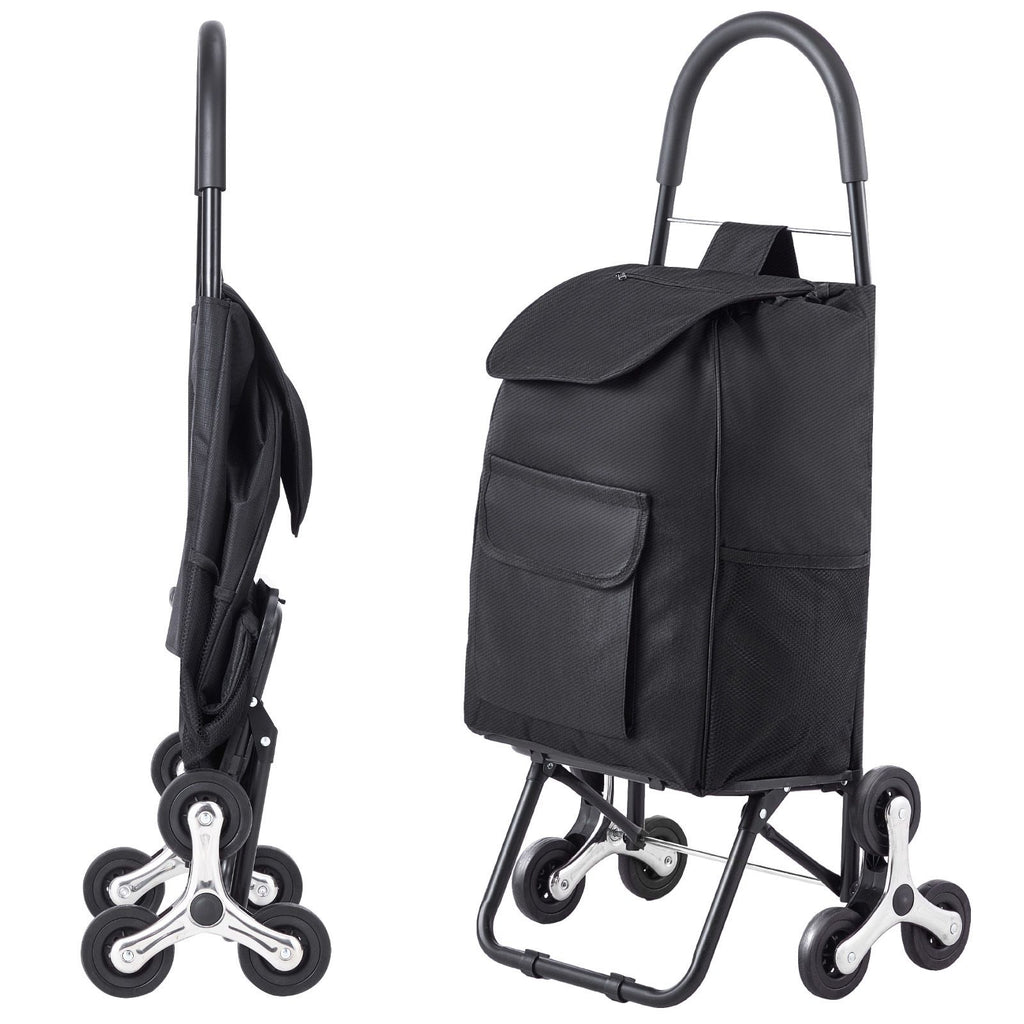 Stair Climber Trolley Dolly, 36L Folding Shopping Cart, Grocery Cart Trolley Laundry Stair Climbing Handcart with 6 Wheels & Oxford Cloth Bag, Foldable Cart for Shopping Grocery Laundry, Black