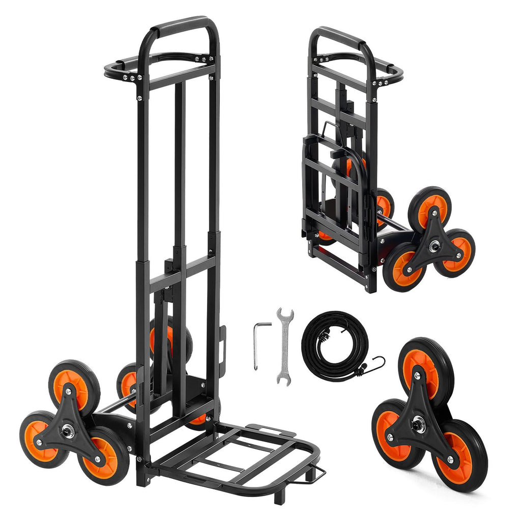 Stair Climbing Cart, 220 lbs Stair-Climbing Capacity, Heavy-Duty Folding Trolley Cart with Telescoping Handle, 6 Wheels and 2 Bungee Cords, Stair Climber Dolly for Home, Groceries, Warehouse