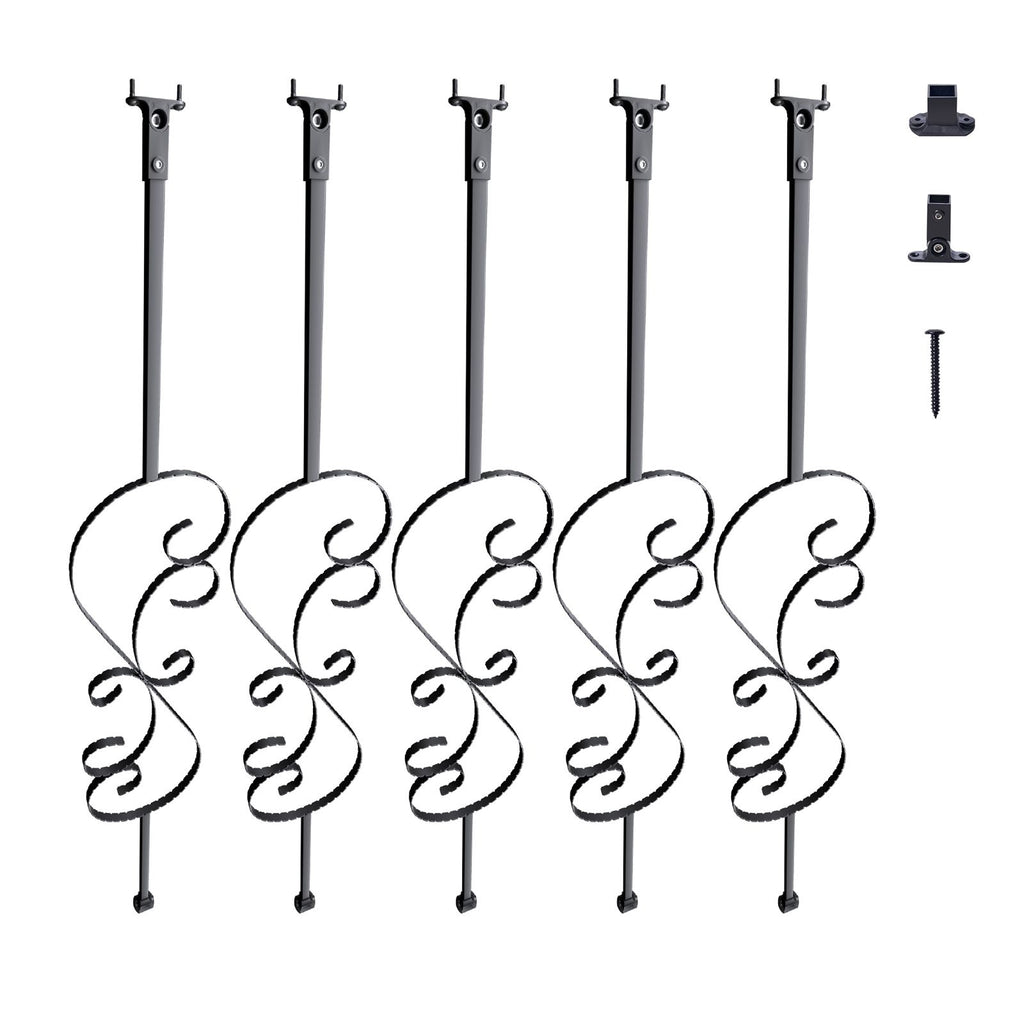 Staircase Metal Balusters, 44'' x 1/2" Galvanized Steel Decorative Banister Spindles, 5 Pack S Shape Deck Baluster, Hollow Satin Black Spiral Stair Railing with Shoes & Screws