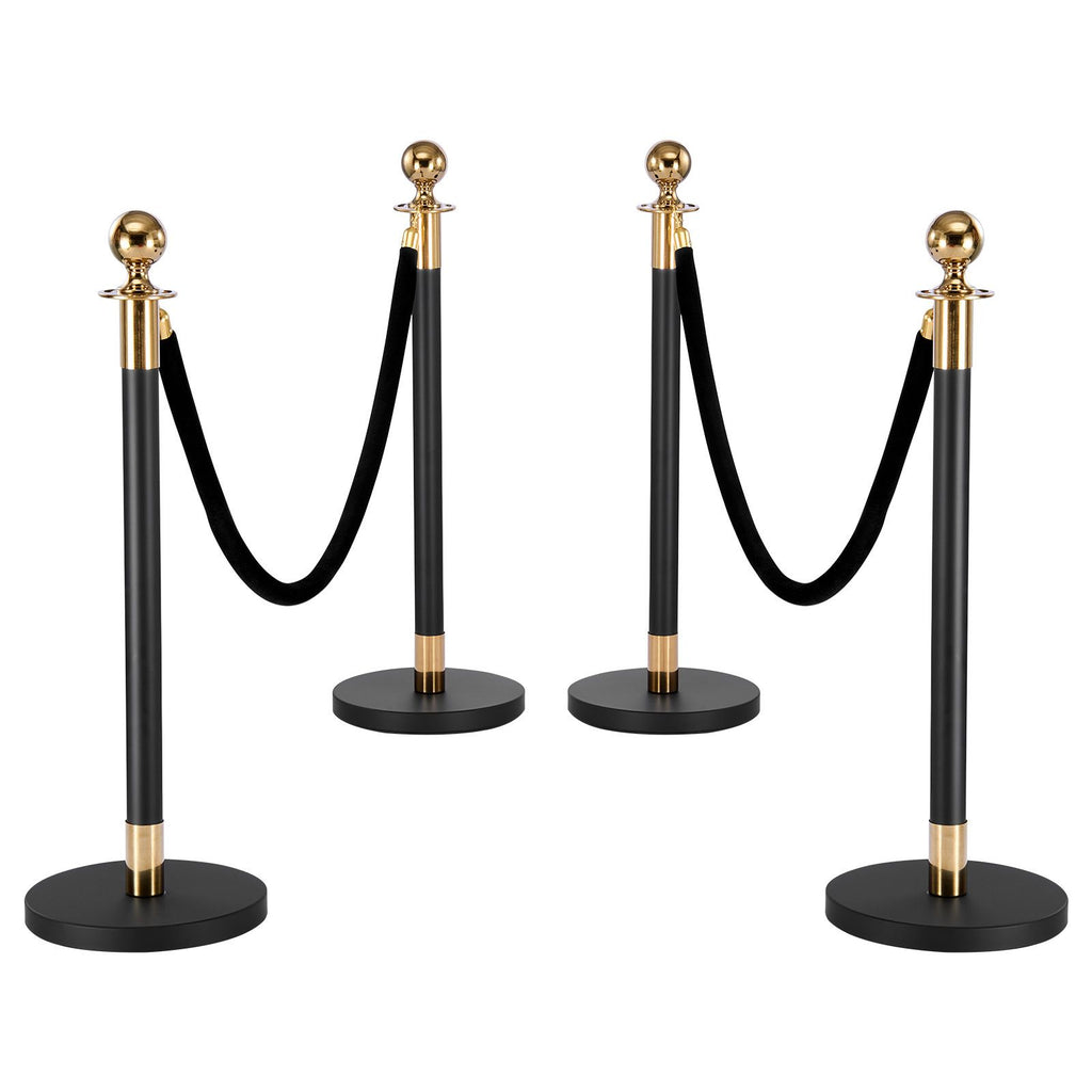 Stanchion Post, 4 Pcs Crowd Control Barrier Set with 2 Black Velvet Ropes, Heavy Duty Stainless Steel Stanchion Post Queue with Hollow Base for Theater, Party, Wedding, Exhibition, Event (Black)
