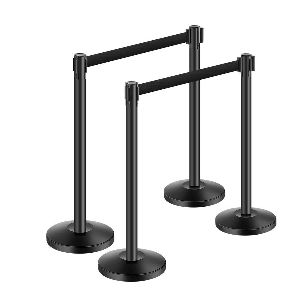 Stanchion Post, 4 Pcs Stanchions with Retractable Belts, Carbon Steel Black Stanchions Queue with Sand Injection Hollow Base, Crowd Control Barriers for Theaters, Parties, Weddings, Exhibitions