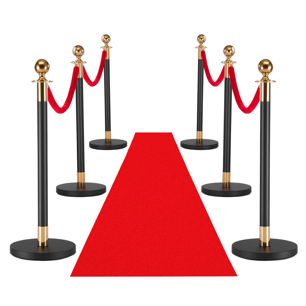 Stanchion Post, 6 Pcs Crowd Control Barrier Set with Red Carpet, 4 Red Velvet Ropes, Stainless Steel Gold Stanchion Post Queue with Hollow Base for Theater, Party, Wedding, Exhibition (Black)