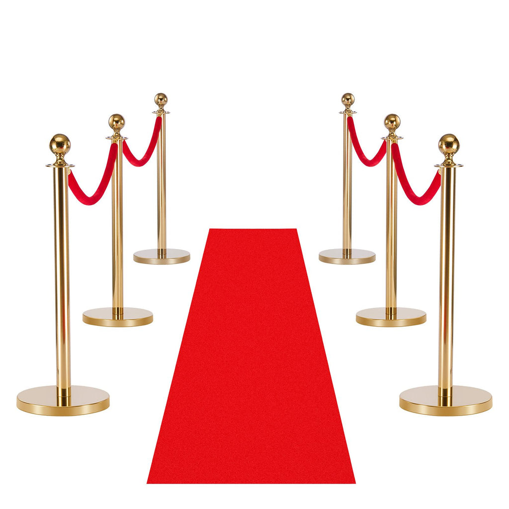 Stanchion Post, 6 Pcs Crowd Control Barrier Set with Red Carpet, 4 Red Velvet Ropes, Stainless Steel Gold Stanchion Post Queue with Hollow Base for Theater, Party, Wedding, Exhibition (Gold)
