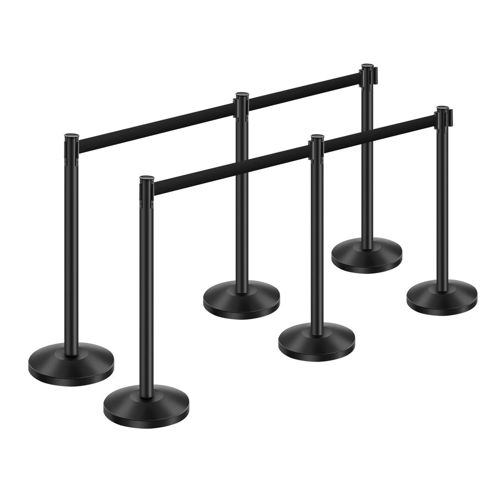 Stanchion Post, 6 Pcs Stanchions with Retractable Belts, Carbon Steel Black Stanchions Queue with Sand Injection Hollow Base, Crowd Control Barriers for Theaters, Parties, Weddings, Exhibitions