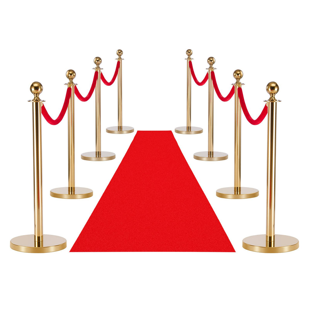 Stanchion Post, 8 Pcs Crowd Control Barrier Set with Red Carpet, 6 Red Velvet Ropes, Stainless Steel Gold Stanchion Post Queue with Hollow Base for Theater, Party, Wedding, Exhibition (Gold)
