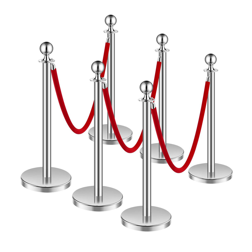 Stanchions and Velvet Ropes 6Pcs, Hollow Base with Stainless Steel Post, 3 Red Velvet Ropes and Posts, Crowd Control Barriers Silver Stanchions, Red Carpet Runner Poles for Party Supplies