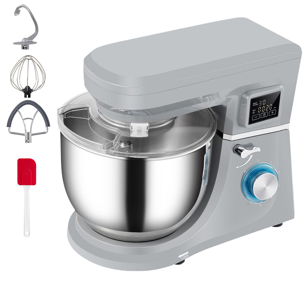 Stand Mixer, 660W Electric Dough Mixer with 6 Speeds LCD Screen Timing, Tilt-Head Food Mixer with 7.4 Qt Stainless Steel Bowl, Dough Hook, Flat Beater, Whisk, Scraper, Splash-Proof Cover - Gray