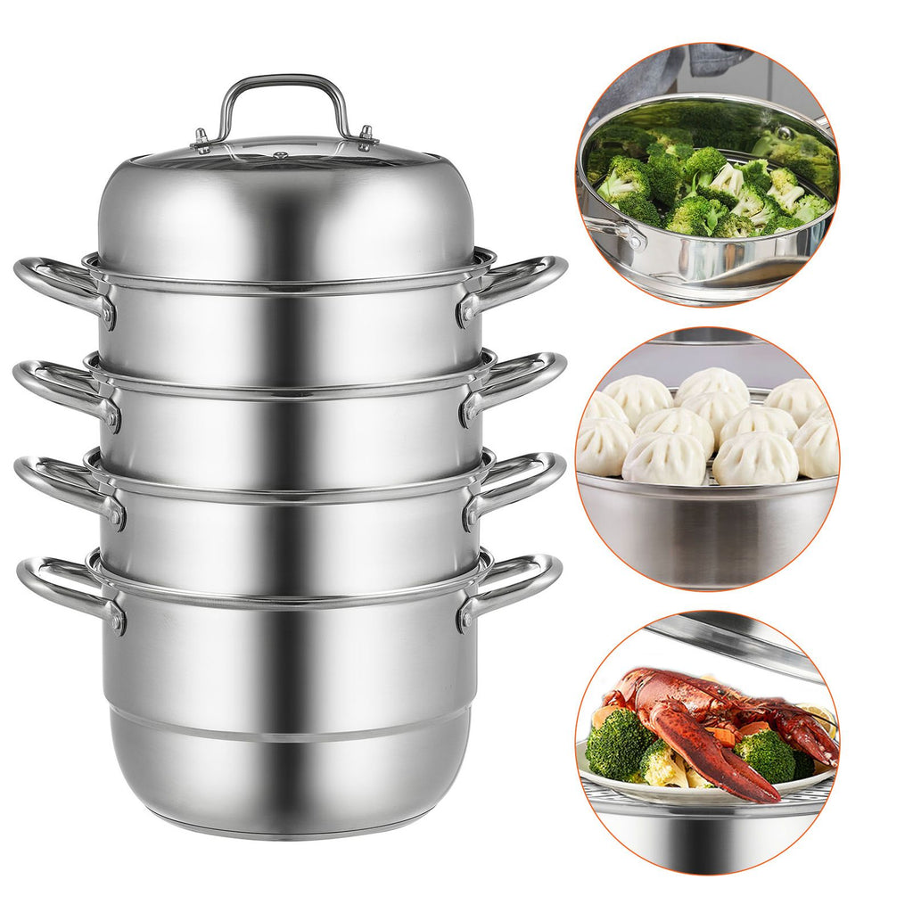 Steamer Pot 11in/28cm, 5 Tier Steamer Pot for Cooking with 8.5QT Stock Pot, 3 Vegetable Steamers & 2 Steaming Trays, Food-Grade 304 Stainless Steel Food Steamer Cookware for Gas Electric Stove